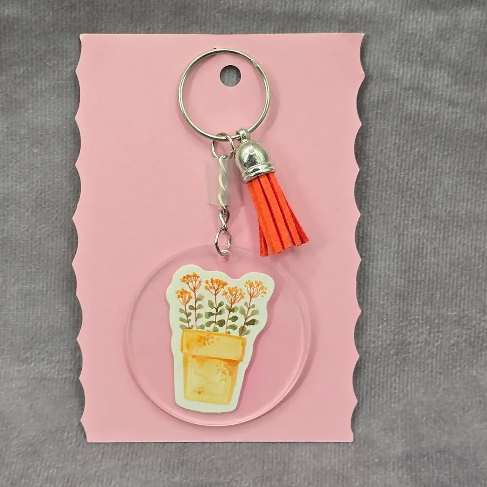 Letter Keychain Clear Silver‎ Circle Handmade Acrylic Tassel Flower C Orange